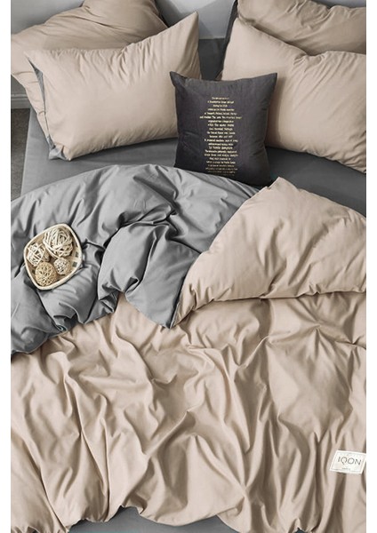 Lastikli Çarşaflı Nevresim Takımı Çift Kişilik Bej - Gri