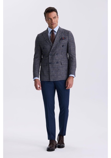 Koyu Lacivert Slim Fit Kruvaze Erkek Takım Elbise