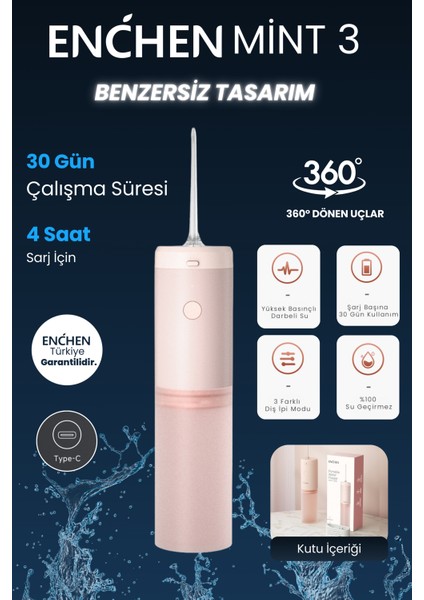 Mint 3 Pembe Pratik Kullanımlı Değiştirilebilir Başlıklı 3 Kademeli Şarklı Ağız Duşu