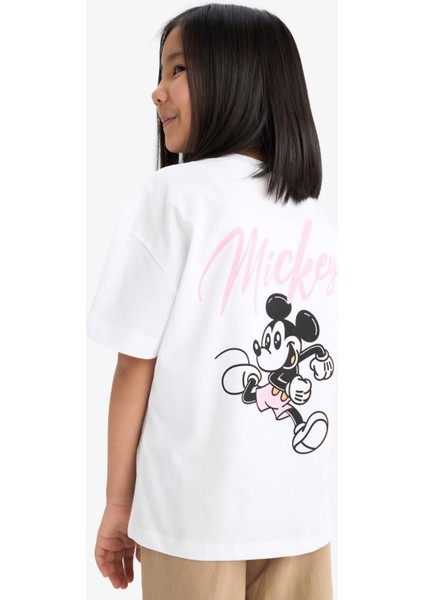 Kız Çocuk Disney Mickey & Minnie Oversize Geniş Kalıp Bisiklet Yaka Sırt Baskılı Kısa Kollu Tişört E2618A825SM