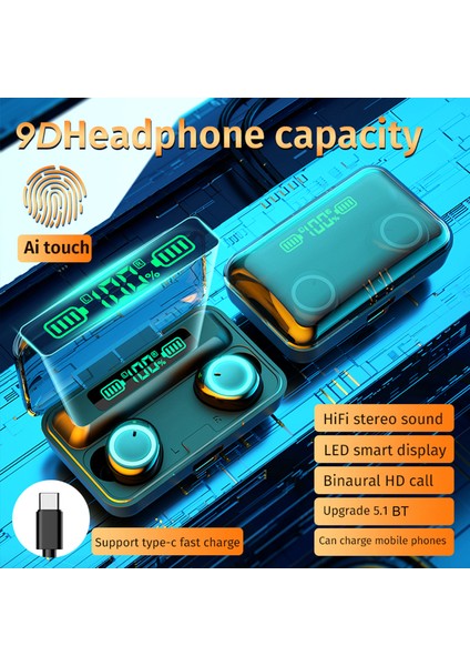 F9-3 Bluetooth 5.1 Tws Kulaklık Dokunmatik Kontrol 2800MAH Şarj Kutusu (Yurt Dışından)