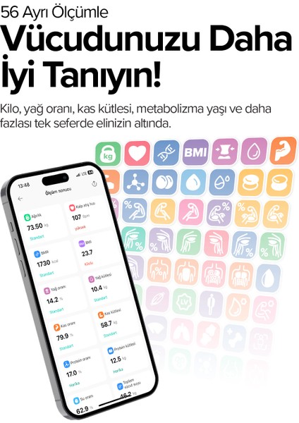 BS7230 8 Elektrotlu Akıllı Tartı – Kompakt Tasarım, LED Ekran, 56 Vücut Ölçümü, Bluetooth 5.0, Type-C Şarj