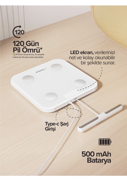 BS7230 8 Elektrotlu Akıllı Tartı – Kompakt Tasarım, LED Ekran, 56 Vücut Ölçümü, Bluetooth 5.0, Type-C Şarj