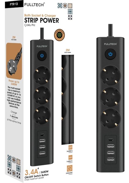 Akım Korumalı 3'lü Priz, Çoklu Priz, Çocuk Korumalı ve Isıya Dayanıklı Yapı, 3x Priz Girişi, 3x USB Girişi, 1x Type-C Girişi, 2 Metre Uzatma Kablosu