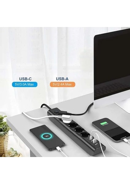 Akım Korumalı 3'lü Priz, Çoklu Priz, Çocuk Korumalı ve Isıya Dayanıklı Yapı, 3x Priz Girişi, 3x USB Girişi, 1x Type-C Girişi, 2 Metre Uzatma Kablosu