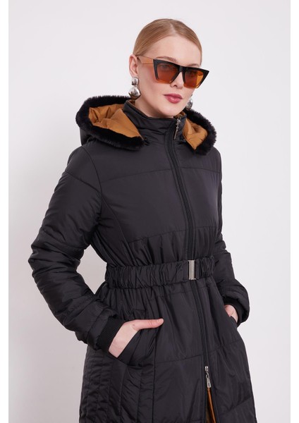 Siyah Kürk Şapkalı Şişme Mont modelleri