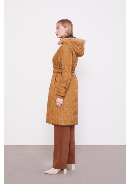 Kahve Kürk Şapkalı Şişme Mont