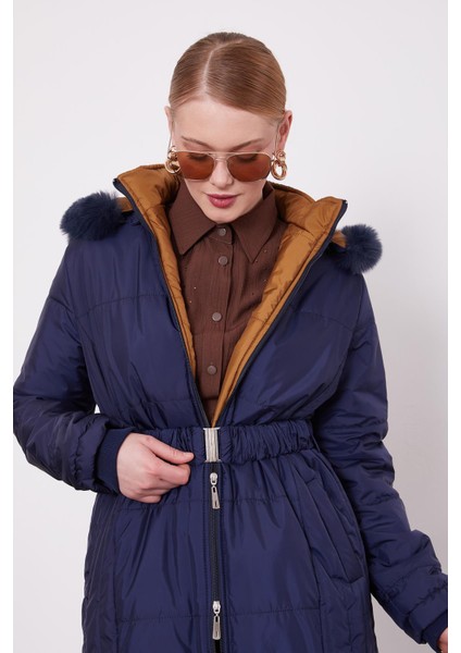 Lacivert Kürk Şapkalı Şişme Mont