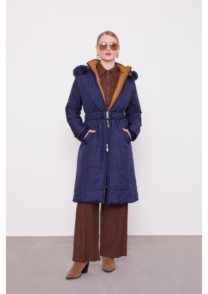 Lacivert Kürk Şapkalı Şişme Mont fiyatları