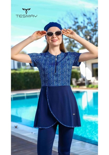 Hızlı Kuruyan Mayo Kumaşı Yarım Fermuarlı Kısa Kollu Taytlı Kadın Mayo 2495