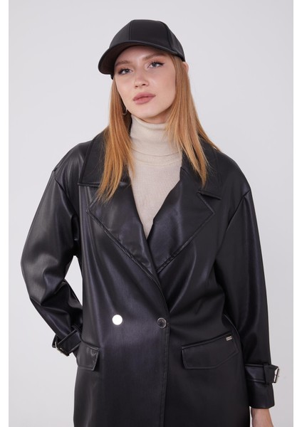 Siyah Kruvaze Yaka Deri Ceket fırsatları