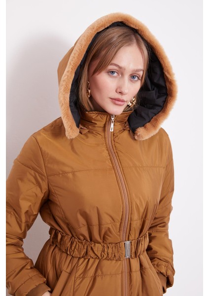 Kahve Kürk Şapkalı Şişme Mont modelleri