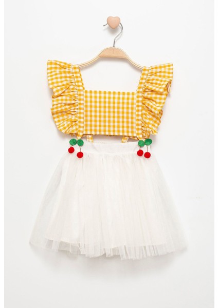 Kiraz Detaylı Pötikare Tül Kız Çocuk elbise - Sarı