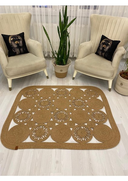 Jüt Hasır Görünümlü Desenli Modern El Örgüsü Dikdörtgen Halı Kilim