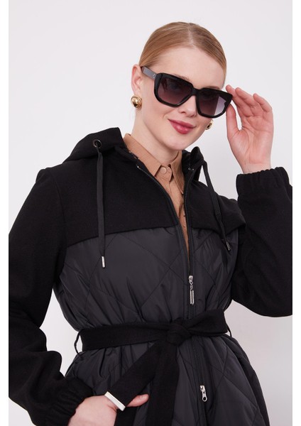 Siyah Kapitone Kaşeli Kuşak Detay Mont modelleri