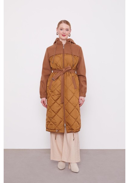 Kahve Kapitone Kaşeli Kuşak Detay Mont