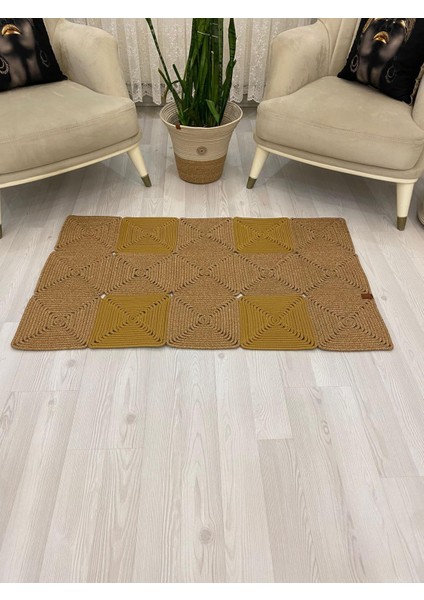 Jüt Hasır Görünümlü Desenli Modern El Örgüsü Dikdörtgen Halı Kilim