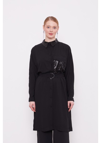 Siyah Cep ve Yaka Payet Detaylı Tunik