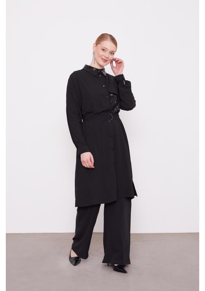 Siyah Cep ve Yaka Payet Detaylı Tunik fiyatları