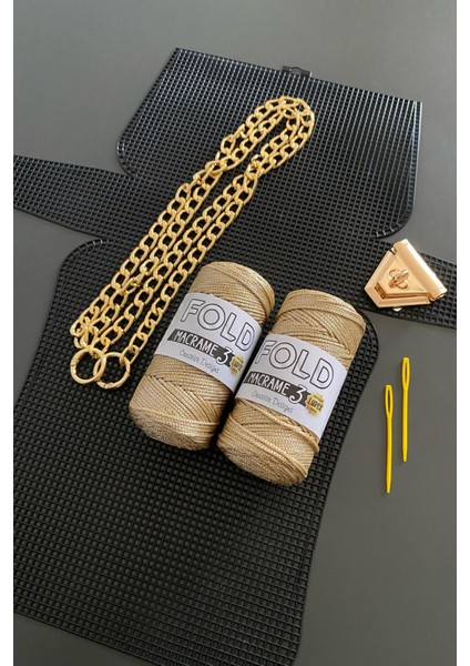 Kanvas Çanta Örgü Kiti 45X21 cm - 031 Polyester Makrome No.3 Plastik Kanvas Çanta Seti - Simli Ip