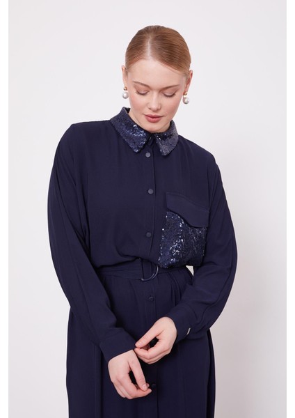 Lacivert Cep ve Yaka Payet Detaylı Tunik