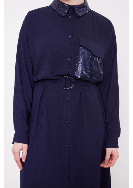 Lacivert Cep ve Yaka Payet Detaylı Tunik