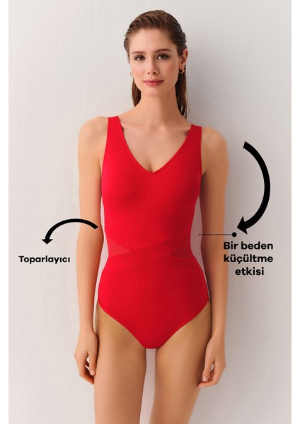 V Yaka Korseli Toparlayıcı Tüllü Mayo