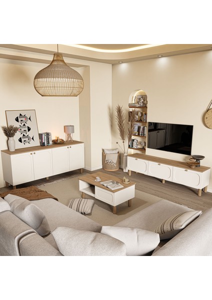 Set 1280-2100-1700 Monza Membran (Mdf Kapaklı) Bohem Tv Ünitesi-Orta Sehpa-Konsol Seti Sepet-Beyaz
