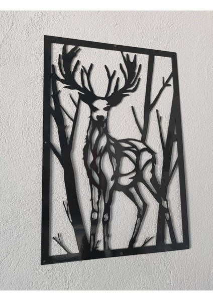 Geyik Motifli Metal Duvar Tablosu 70 x 50 cm Siyah Sac Metal