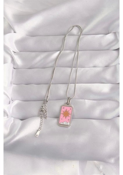 316L Çelik Gümüş Renk Pembe Mineli Güneş Model Tarot Kolye fiyatları