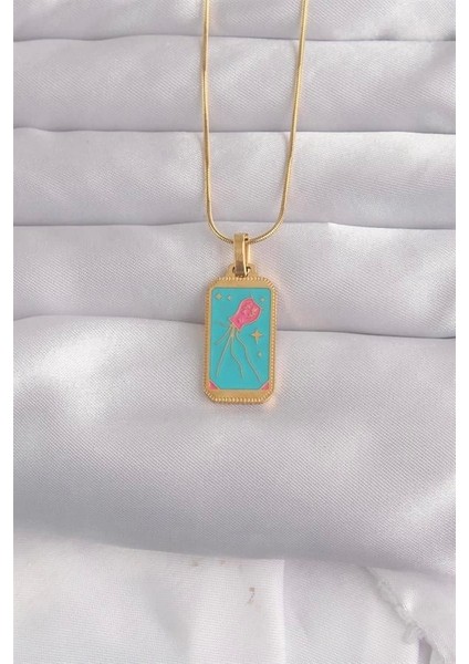 316L Çelik Gold Renk Mavi Mineli Tarot Kolye