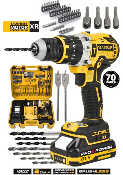 21V Çift Akülü Vidalama Çelik Mandren Kömürsüz Motor Darbeli Şarjlı Matkap