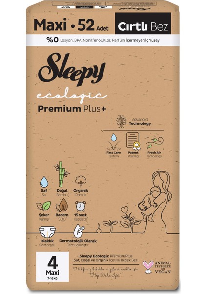 Ecologic Premium Plus Ekonomik Paket Bebek Bezi 4 Numara Maxi 52 Adet