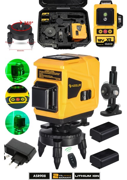 Profesyonel 360° 12 Köşe Otomatik Hizalamalı Yeşil Çizgili Su Terazili Lazer Metre Hizalama