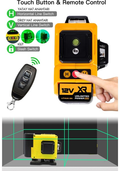 Profesyonel 360° 12 Köşe Otomatik Hizalamalı Yeşil Çizgili Su Terazili Lazer Metre Hizalama