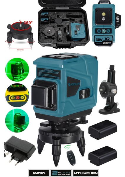 Profesyonel 360° 12 Köşe Otomatik Hizalamalı Yeşil Çizgili Su Terazili Lazer Metre Hizalama