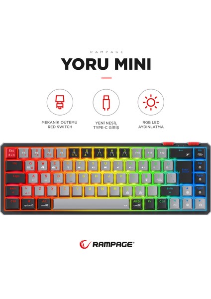 Yoru Mini Gri/Siyah Type-c Bağlantı Rgb Mekanik Gaming Oyuncu Klavyesi Red Switch Q Tr