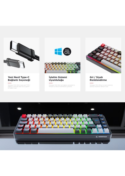 Yoru Mini Gri/Siyah Type-c Bağlantı Rgb Mekanik Gaming Oyuncu Klavyesi Red Switch Q Tr