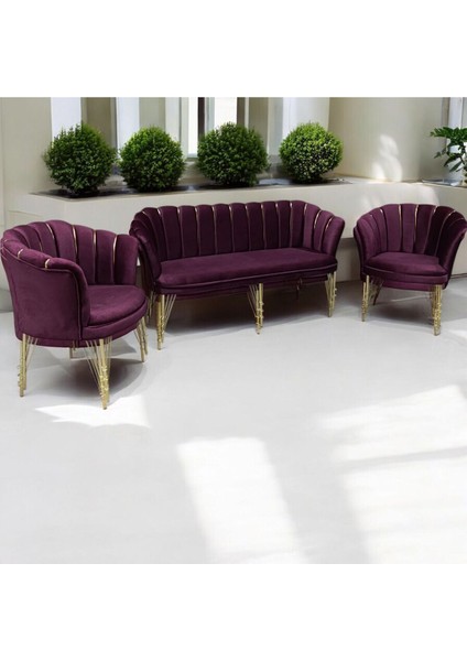 Bordo Kumaş Gümüş Metal Ayak - Balkon Ofis Bekleme Çay Seti Koltuk Takımı