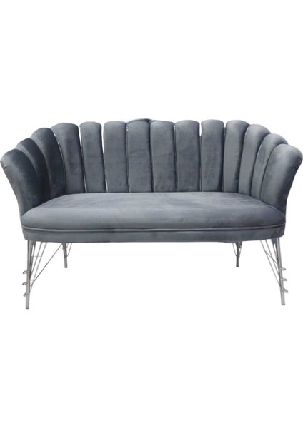 Gümüş Krom Metal Ayaklı Gri Kumaşlı Gümüş Şeritli Berjer, Ofis Koltuk Takımı Çay Seti Koltuk 2'li