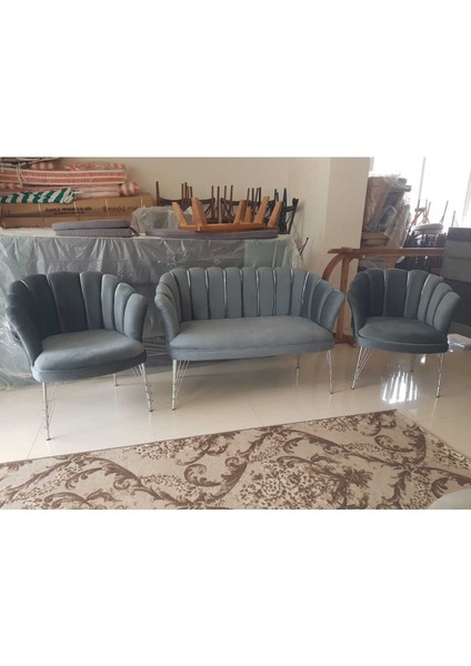 Gümüş Krom Metal Ayaklı Gri Kumaşlı Gümüş Şeritli Berjer, Ofis Koltuk Takımı Çay Seti Koltuk 2'li modelleri