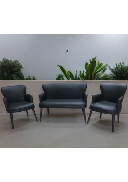 Siyah Renk Deri Metal Ayak Kollu Ofis Koltuk Takımı Büro Bekleme Koltuk Takımı