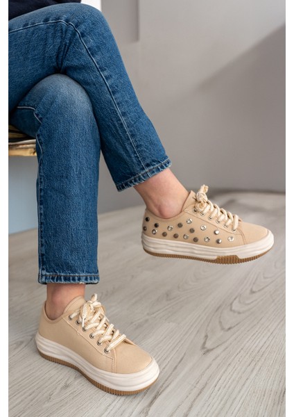 Kadın Sneaker Troklu Zımbalı Bağcıklı Keten Spor Ayakkabı Viben