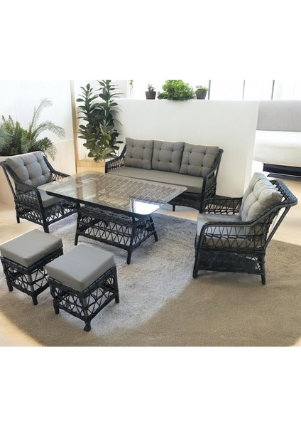 Antrasit Gri Rattan Gri Kumaşlı Alüminyum Bahçe Koltuk Takımı 3 1 1 2 Puf Masa Bahçe Balkon Takımı
