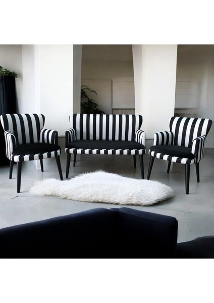 Zebra Siyah-Beyaz Kumaşlı Ahşap Ayaklı Çay Seti Koltuk Takımı Ofis Koltuğu Bekleme Koltuk Takımı fiyatları