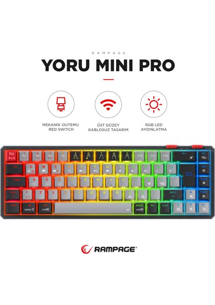 Yoru Mini Pro 2.4ghz+Bt5.0+Type-C Bağlantı Red Switch Rgb Mekanik Gaming Oyuncu Klavye Q Tr Hot Swap