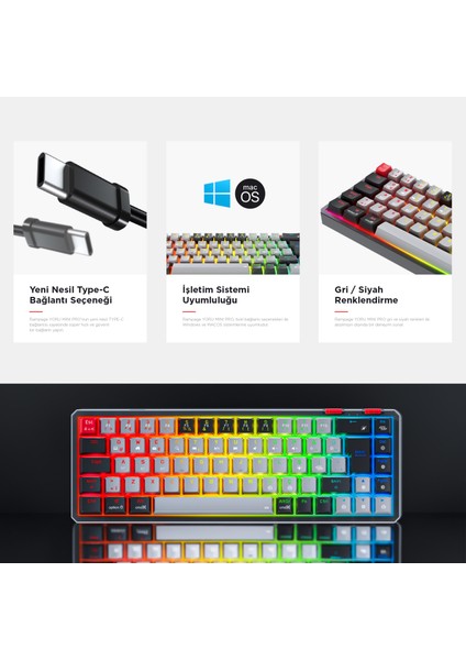 Yoru Mini Pro 2.4ghz+Bt5.0+Type-C Bağlantı Red Switch Rgb Mekanik Gaming Oyuncu Klavye Q Tr Hot Swap