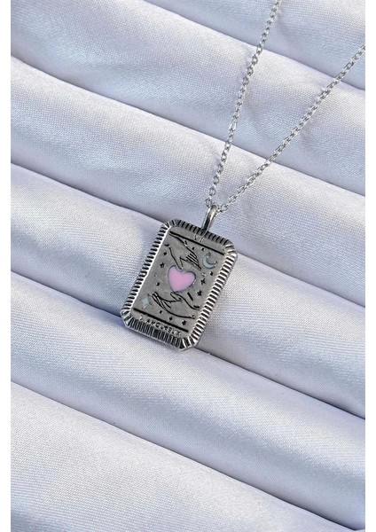 316L Çelik Zincir Eskitme Gümüş Renk Pembe Mineli Kalp Figürlü Tarot Kolye