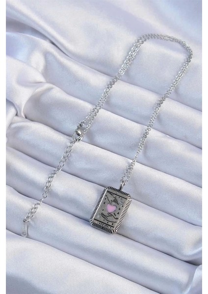 316L Çelik Zincir Eskitme Gümüş Renk Pembe Mineli Kalp Figürlü Tarot Kolye fiyatları