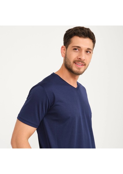 V Yaka Lacivert Kısa Kol Tshirt modelleri